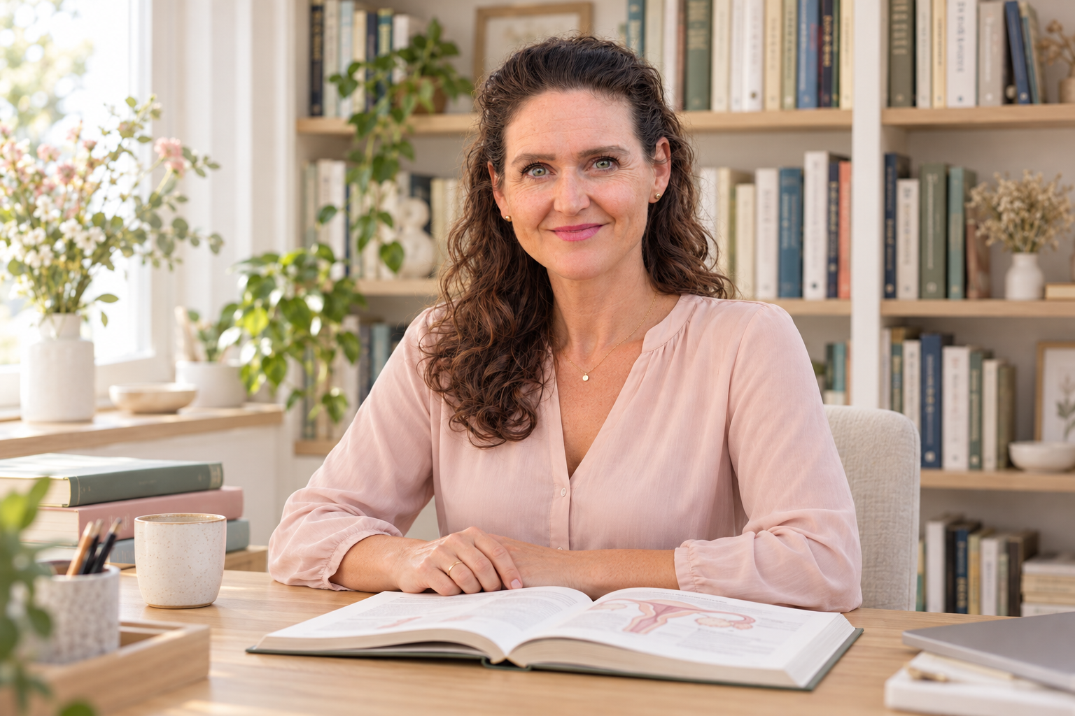 Claudia vor ihrer Fachbibliothek