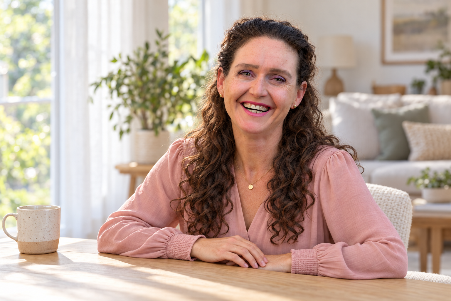 Claudia Ayoub-Grollmuss lacht am hellen Gartenfenster.